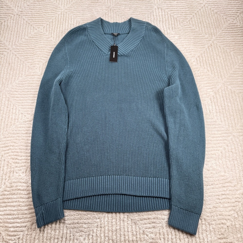 Express Ribbed V-Neck Sweater Men L Chunky Knit Coastal Quiet Luxury Old Money
